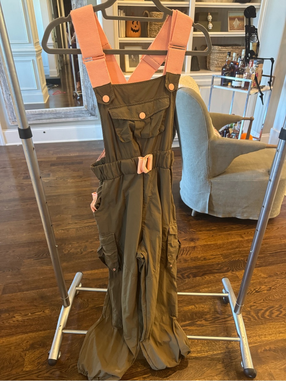 Free People Olive Green Cargo Jumpsuit with Pink Straps